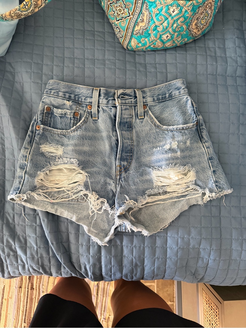High-Rise Distressed Light Blue Denim Jean Shorts